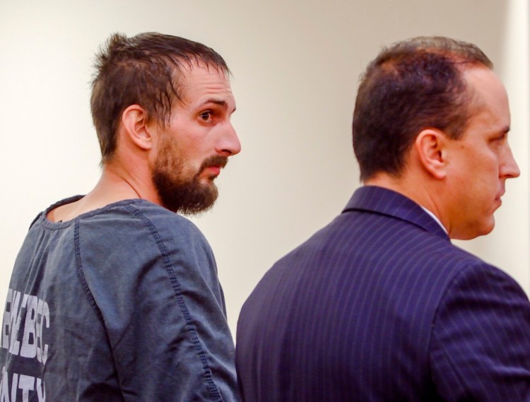 Nicholas Lovejoy, left stands with his attorney Darrick Banda during initial appearance on murder charges on Oct. 25, 2019, at Capital Judicial Center in Augusta. Lovejoy pleaded guilty to murdering his girlfriend, Melissa Sousa, at their Waterville apartment, on Wednesday. 