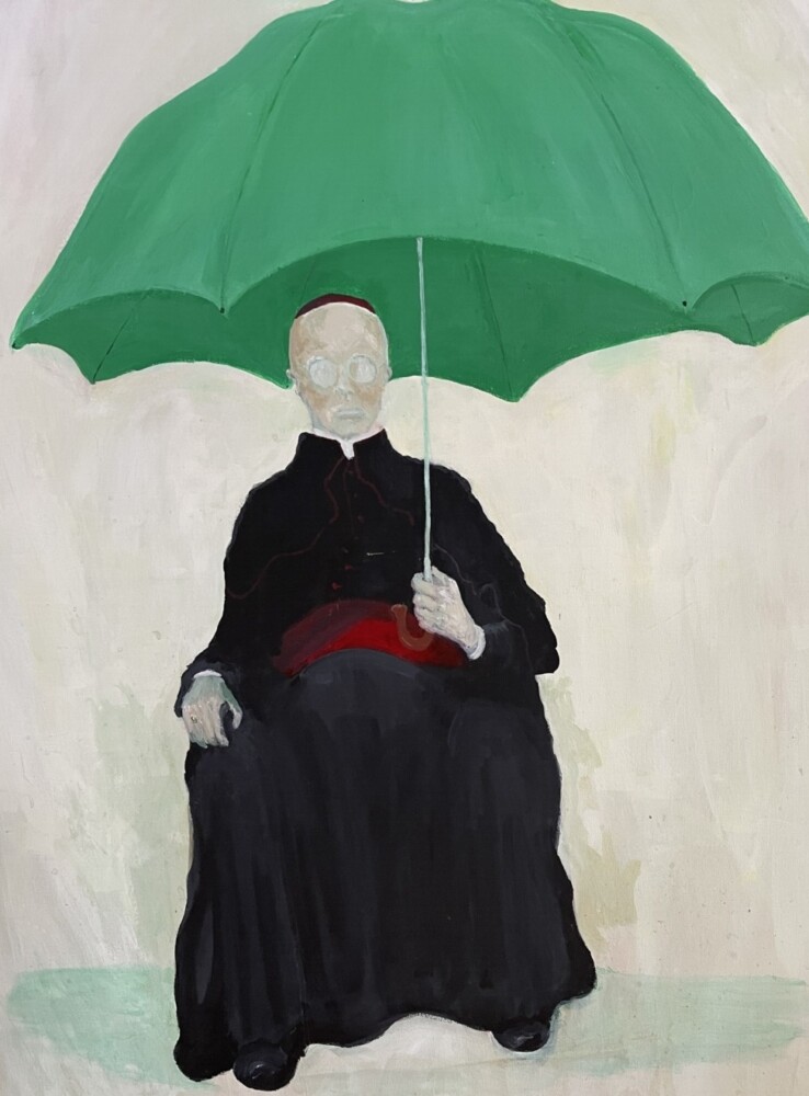 A painting by J.P. Devine, "Seated Cardinal with Green Umbrella," that he made while living in New York years ago. 