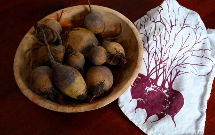 BRUNSWICK, ME - FEBRUARY 3: Bowl of beets from Rosemont Grocery store with a beet napkin made by Madder Root Maine Thursday, February 3, 2022. (Shawn Patrick Ouellette/Staff Photographer)