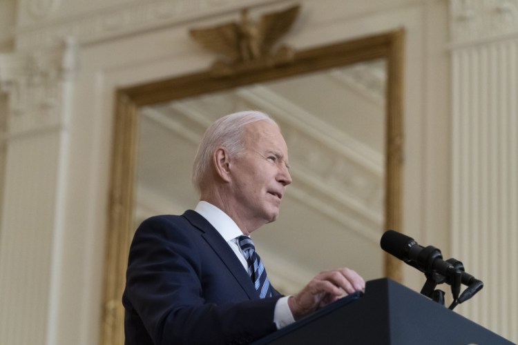 President Biden speaks about the Russian invasion of Ukraine on Thursday at the White House. “We shared declassified evidence about Russia's plans and false pretext so that there could be no confusion or cover-up about what Putin's doing,” he said.