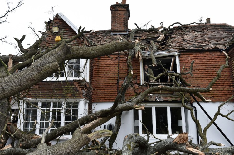 Sven Good looks out from his bedroom window at the damage caused to the family home a day after a 400-year-old oak tree in the garden was uprooted in Stondon Massey, near Brentwood, Essex, England, on Saturday. 

