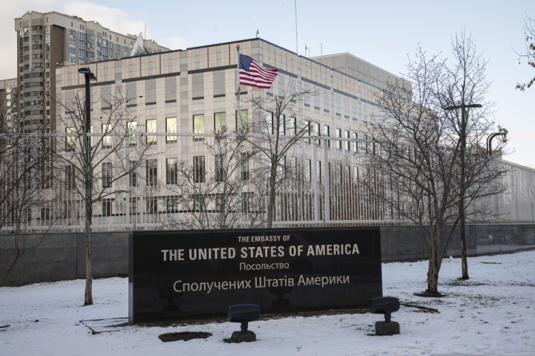 A view of the U.S. Embassy in Kyiv, Ukraine, Saturday. The State Department  announced Saturday that virtually all American staff at the Kyiv embassy will be required to leave.  (AP Photo/Andrew Kravchenko)