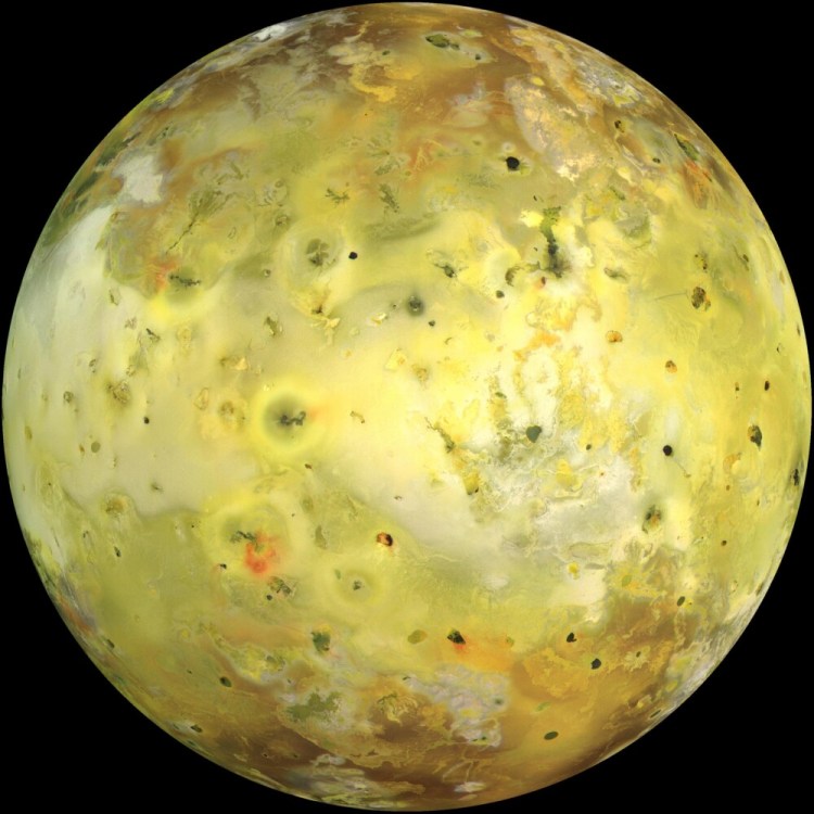 Jupiter's moon Io is seen in a mosaic image from the Galileo spacecraft in 1999.