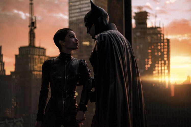 Zoe Kravitz, left, and Robert Pattinson in a scene from "The Batman."