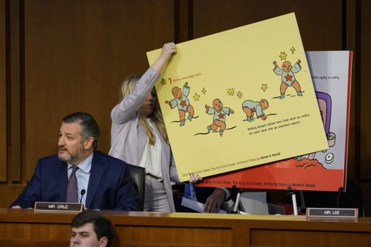 Sen. Ted Cruz, R-Texas, speaks as a visual aid is displayed during Supreme Court nominee Judge Ketanji Brown Jackson confirmation hearing before the Senate Judiciary Committee on Tuesday on Capitol Hill in Washington. 