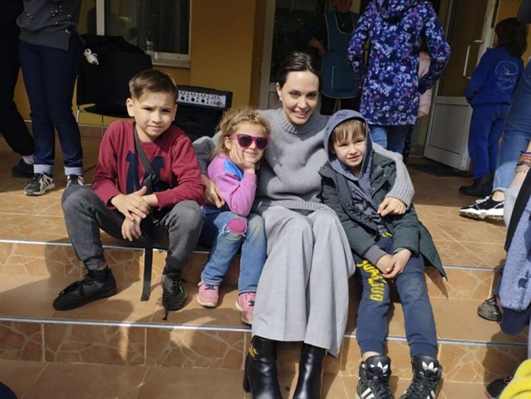 Angelina Jolie with children in Lviv, Ukraine, on Saturday.