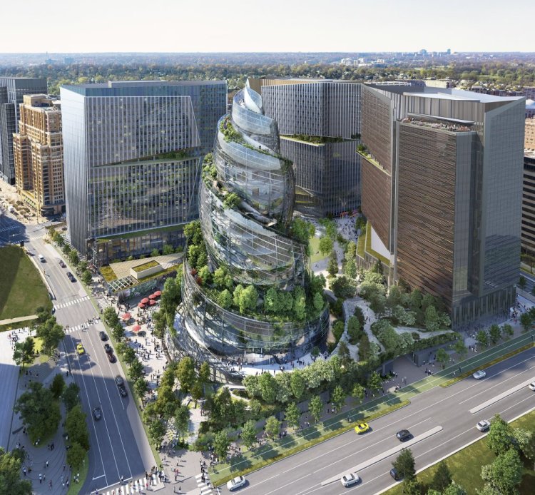 This artist rendering  shows the next phase of Amazon's headquarters  to be built in Arlington, Va. 