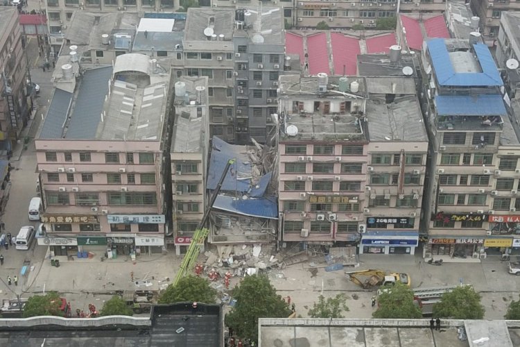 A collapsed self-constructed residential building in Changsha, central China's Hunan province, on Friday. 

