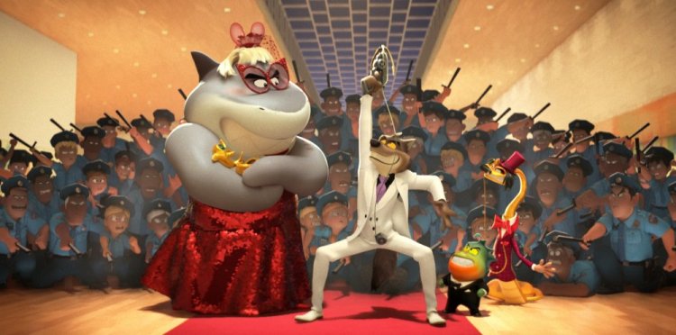 Animated characters, foreground from left, Shark, voiced by Craig Robinson: Wolf, voiced by Sam Rockwell; Piranha, voiced by Anthony Ramos; and Snake, voiced by Marc Maron, in "The Bad Guys."