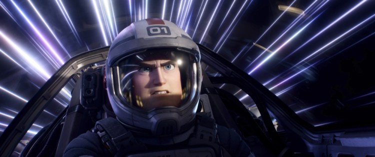 Buzz Lightyear, voiced by Chris Evans, in a scene from the animated film "Lightyear," released June 17.