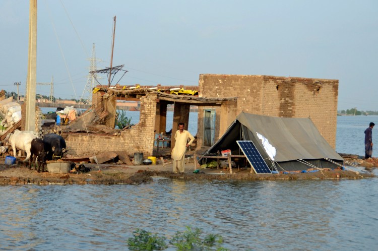 A man stands near his flood-hit home surrounded by water, in Sohbat Pur city of Jaffarabad, a district of Pakistan's southwestern Baluchistan province, Sunday, Aug. 28, 2022. Officials in Pakistan say deaths from widespread flooding have topped 1,000 since mid-June. Flash flooding from the heavy rains has washed away villages and crops as soldiers and rescue workers evacuated stranded residents to the safety of relief camps and provided food to thousands of displaced Pakistanis. (AP Photo/Zahid Hussain)