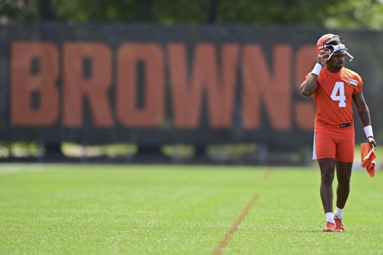 Cleveland Browns quarterback Deshaun Watson walks during practice in Berea, Ohio, on Friday. 