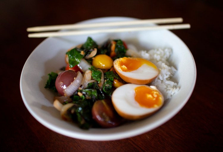 Stir-Fried Kale and Cherry Tomatoes with Ramen Eggs