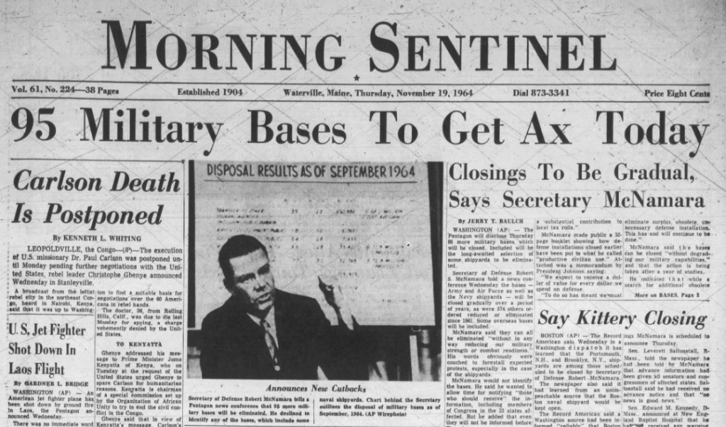 Nov. 19, 1964: 95 military bases to get axe, Newport police officer