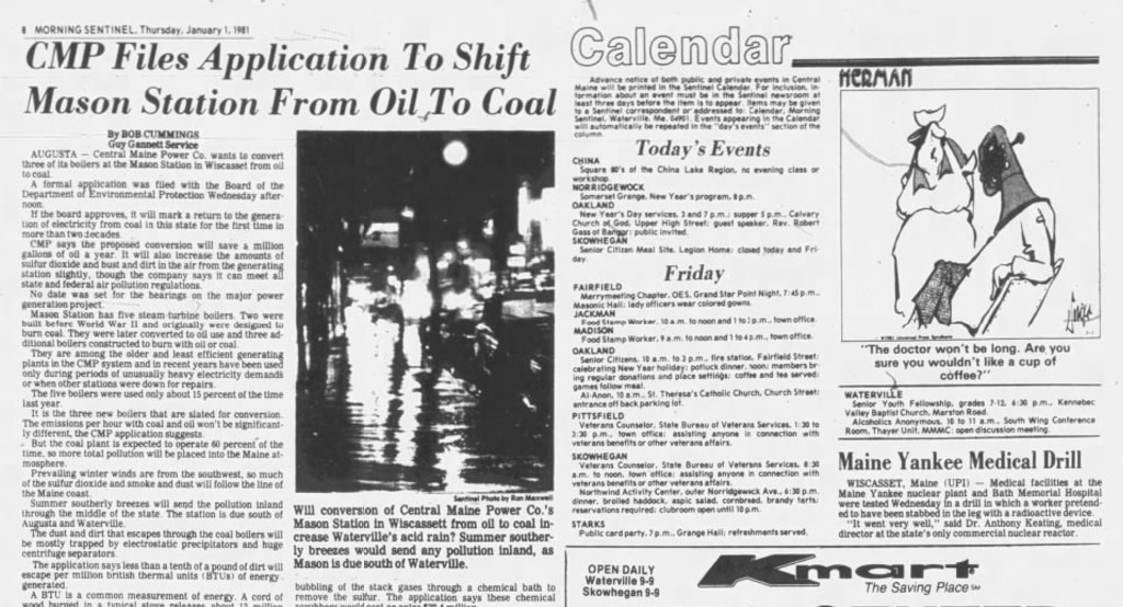 Jan. 1, 1981 Waterville, area towns lose out in annual dump sweepstakes, CMP wants to shift its