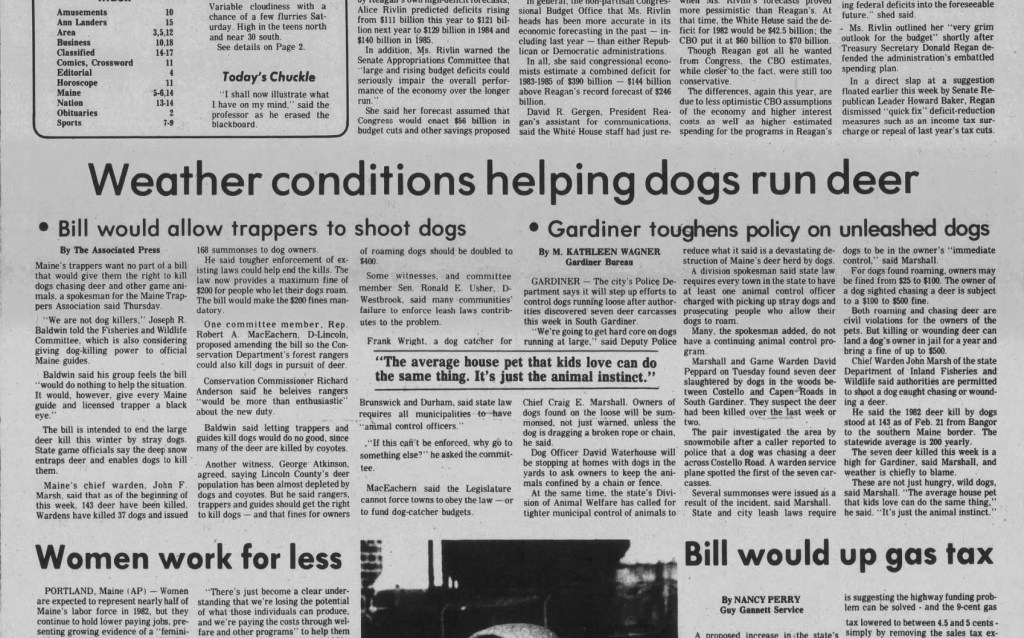 Feb. 26, 1982 Bill would allow trappers to shoot dogs; at the same time, Gardiner toughens its
