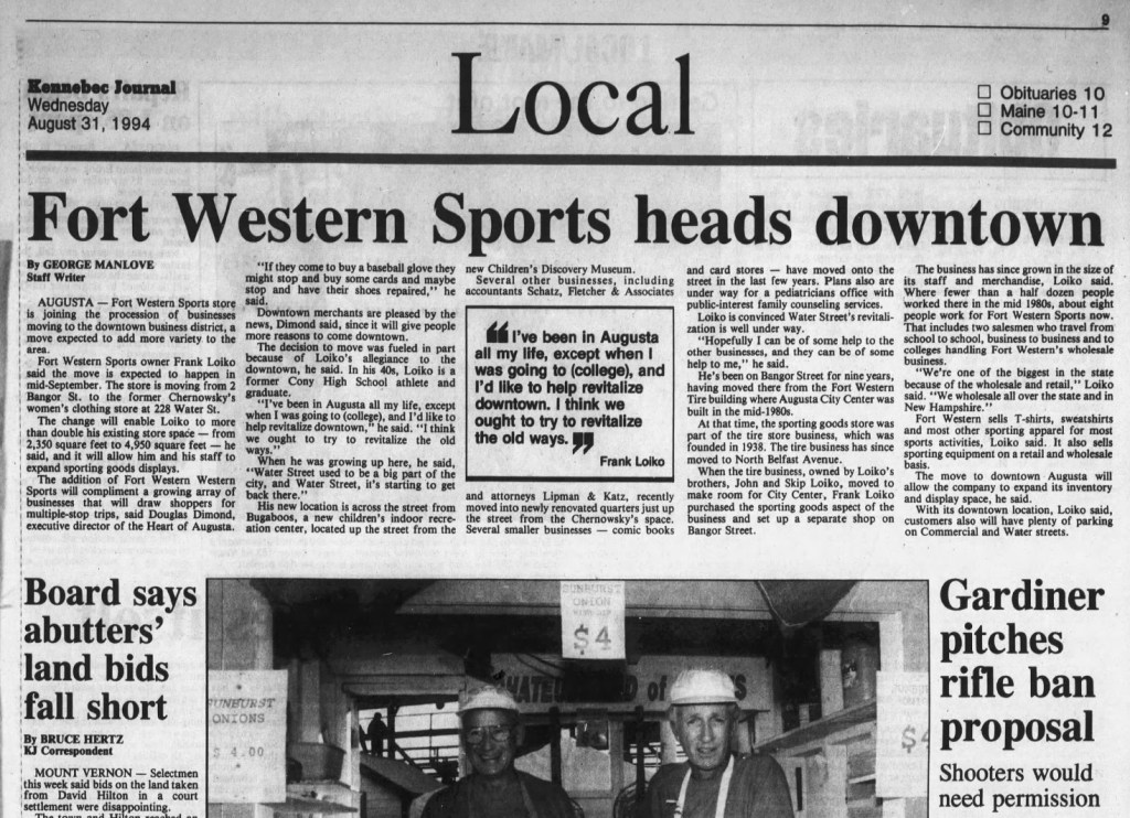 Aug. 31, 1994 Fort Western Sports moving business to downtown Augusta