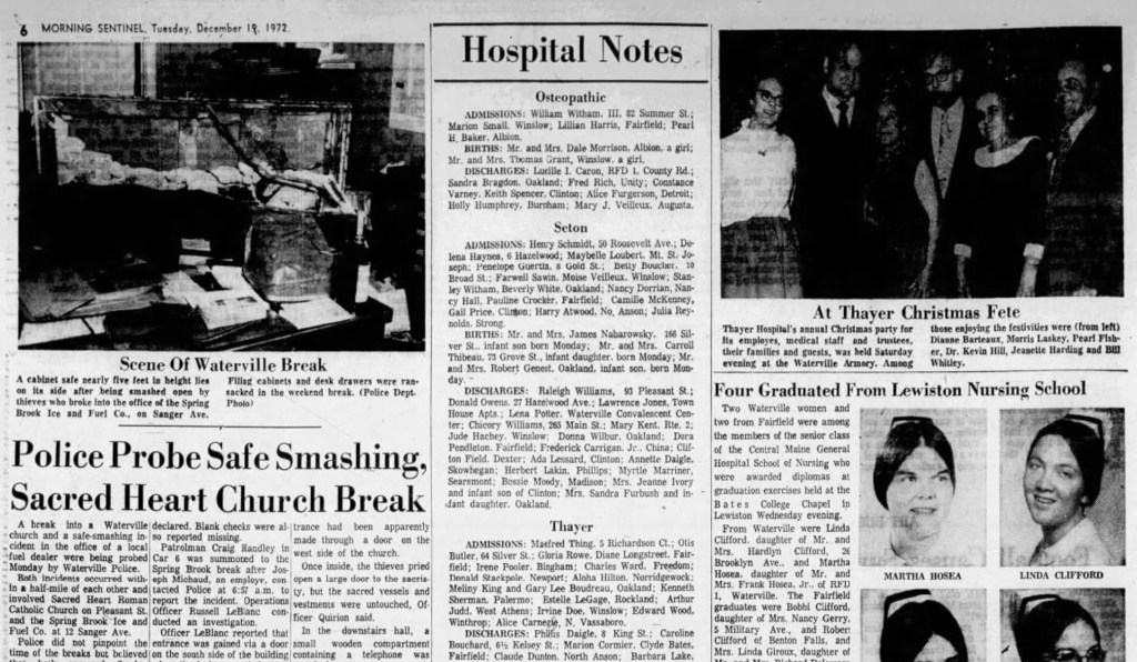 Dec. 19, 1972 Police probe safe smashing and Sacred Heart Church breakin, Waterville city