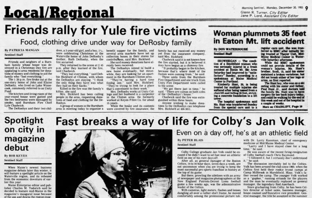 Dec. 30, 1985 Woman plummets 35 feet in Eaton Mt. lift accident in