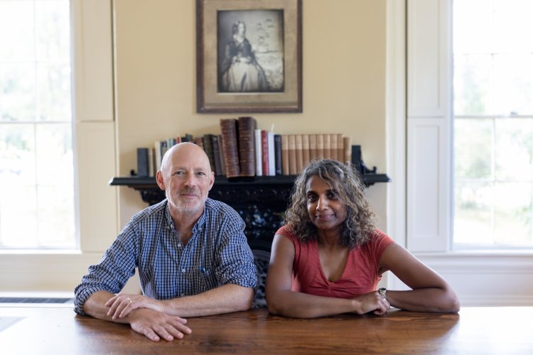 Bowdoin College English professors Brock Clarke and Tess Chakkalakal, in the Harriet Beecher Stowe House in Brunswick, are hosting the new "Dead Writers" podcast. 