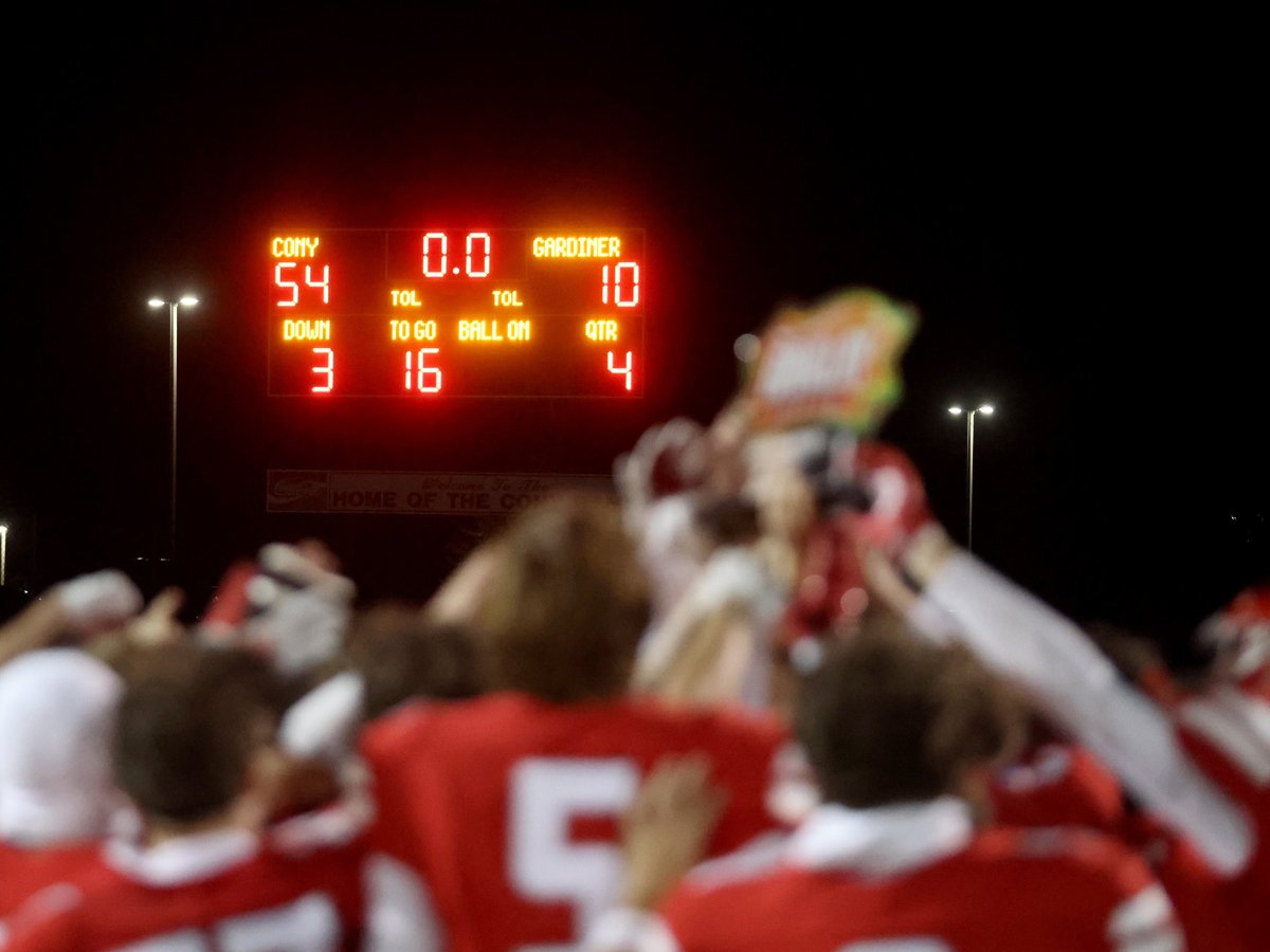 Cony football routs rival Gardiner to complete unbeaten regular season